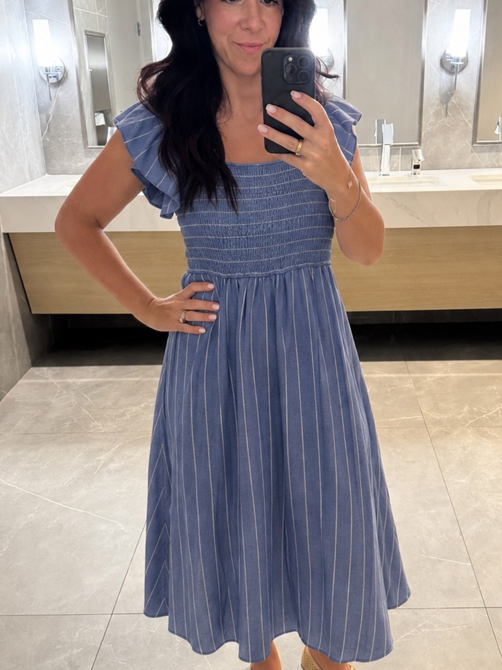 Smocked Square-Neck Midi Dress in Light Blue Stripe
